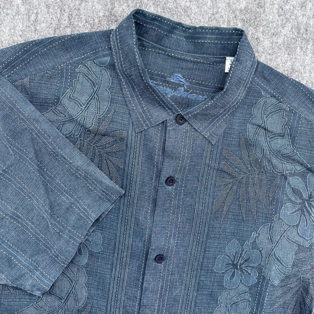 Tommy Bahama Shirt Mens Large Blue Floral Embroidered Silk Border